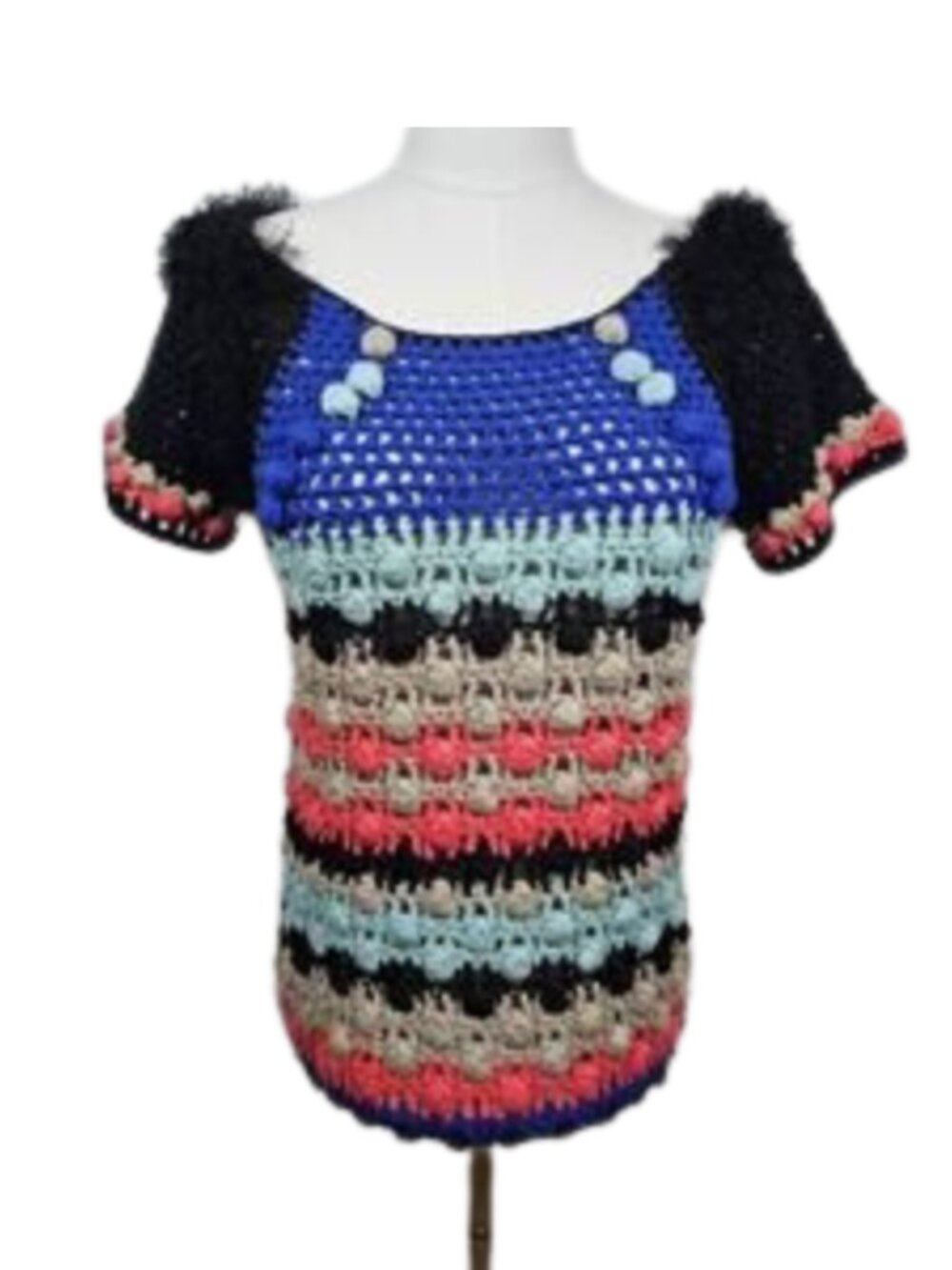 Anthropologie Leifsdottir short sleeve open knit pom pom sweater size M